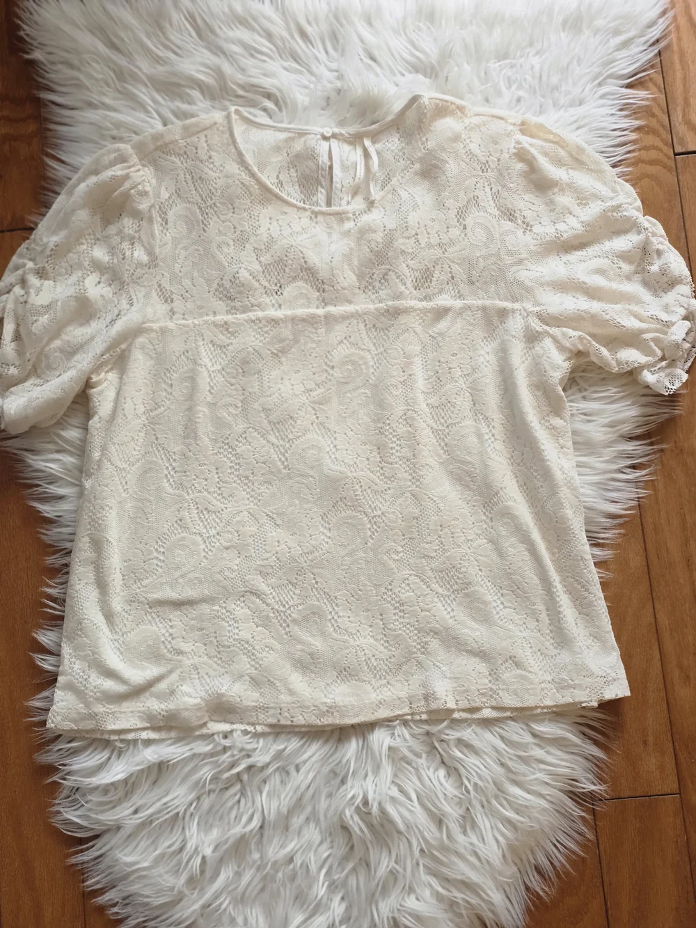 Anthropologie Cream Lace Puff Sleeve Top